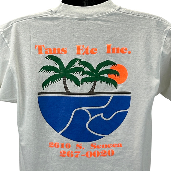 Vintage 90s Tans Etc Inc T Shirt Tanning Made in USA White Graphic Tee L Large - Picture 1 of 11